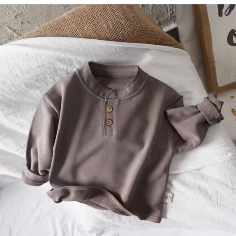 Spring  Autumn New Style Childrens Boys Tops Retro Soft Cotton Solid Color Tops Boys T-shirt Girls T-shirts Kids Clothing