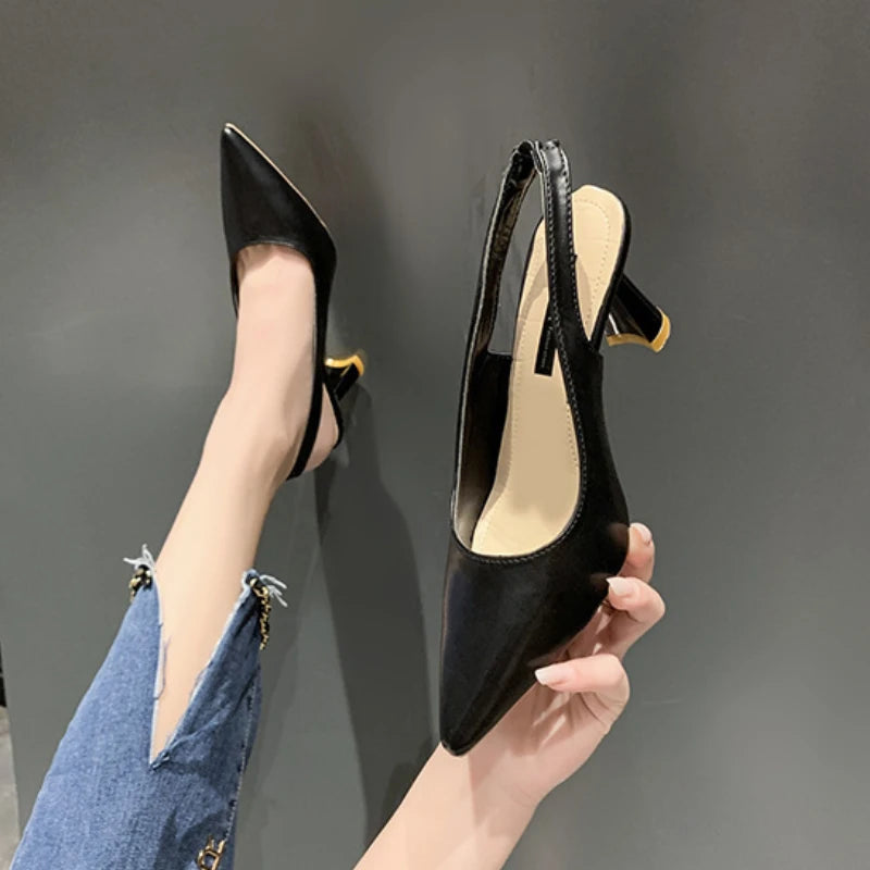 Summer Fashion New Breathable Pointed Toe Stiletto Heel PU Comfortable and Elegant Women's Shoes Shallow Mouth Sexy Sandals