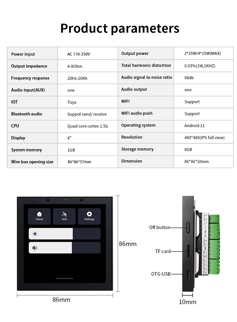Smart Home Touch Screen 4inch WIFI Android11 bluetooths audio in Wall Amplifier Control Background Music Ceiling Speakers system