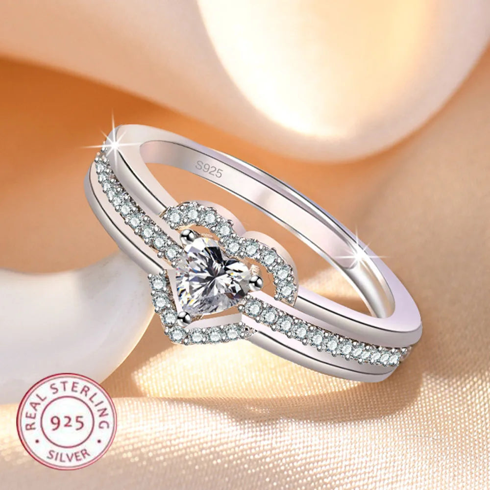 Hot 925 Sterling Silver Heart Ring Sparkle Zircon High Quality For Women Wedding Fine Jewelry Accessories Party Gift