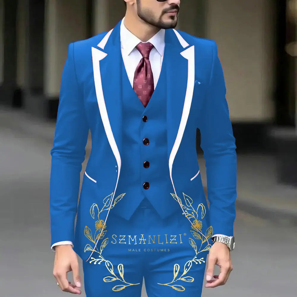 Royal Blue Wedding Tuxedos Men Suit Peak Lapel Terno Masculino Slim Fit Groom Prom Man Blazer Custom 3 Pieces Jacket Pant Vest