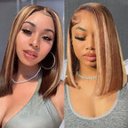 100% Human Hair 4/27 Brown Blonde 13x4 Straight Short Wig  200%Density Pre Plucked Transparent  Lace Human Hair Bob Wigs