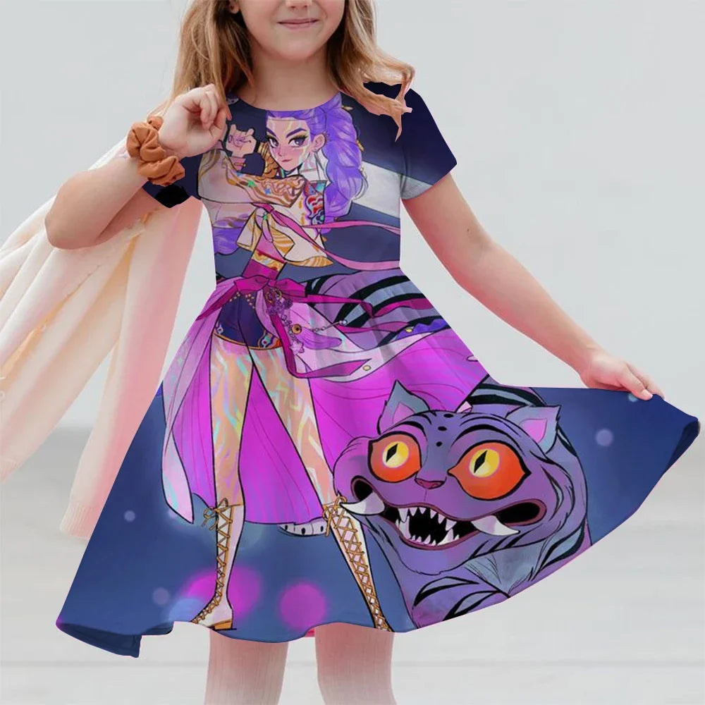 Girls Dresses Summer Casual Kids Dress For Girls KPop Demon Hunters Huntrix Toddlers Clothes Children Dress 3-14