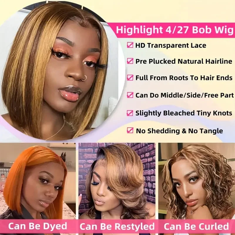 100% Human Hair 4/27 Brown Blonde 13x4 Straight Short Wig  200%Density Pre Plucked Transparent  Lace Human Hair Bob Wigs