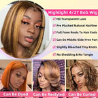 100% Human Hair 4/27 Brown Blonde 13x4 Straight Short Wig  200%Density Pre Plucked Transparent  Lace Human Hair Bob Wigs