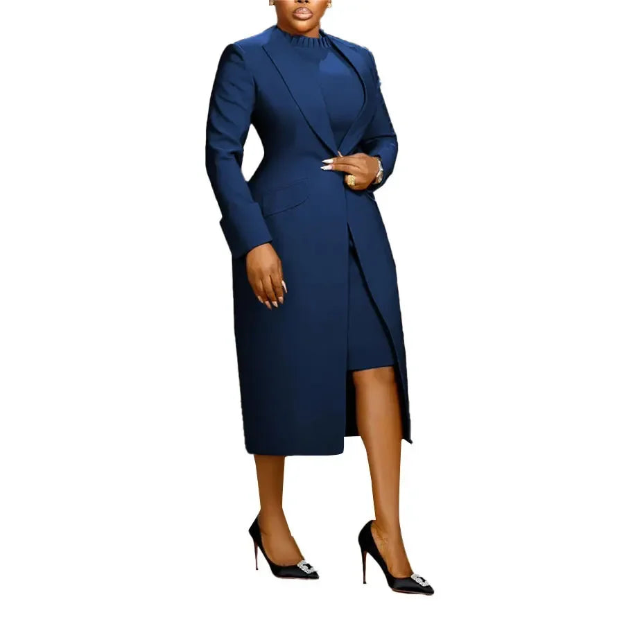 HLJ High Quality Elegant Office Lady Blazer Two Piece Sets Women Lapel Long Sleeve Coat And Slim Dress Outfit Female Clothing
