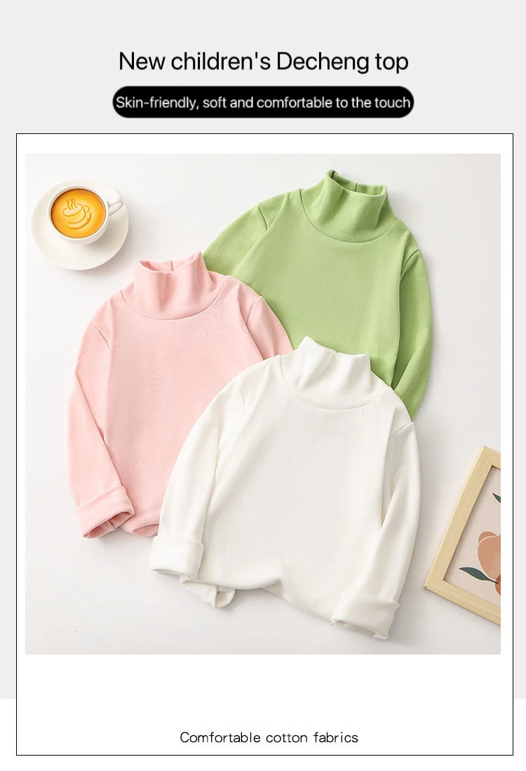 1pcs Children T-Shirt Cute Cartoon Solid Top Baby Korean Clothing Kids Half High Collar Long Sleeve Base Shirt Girls Boys Tshirt