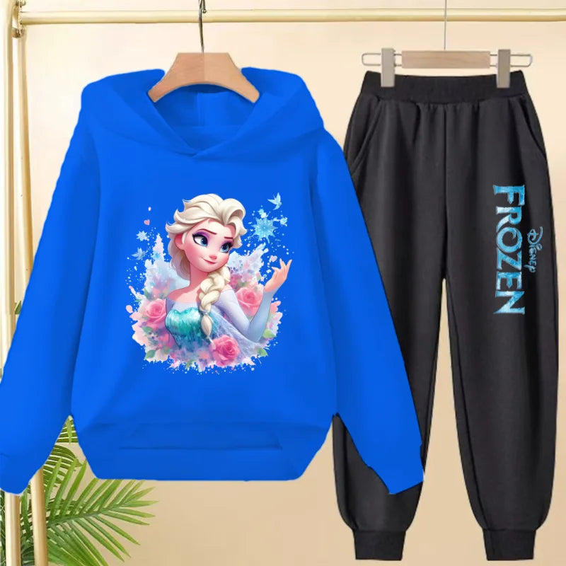 kids Kawaii Elsa Anima Film Pink Hoodies Boys Girls Casual Sweatshirt+Pants 3-12 Years Fashion Top Tracksuit Frozen Set Clothing
