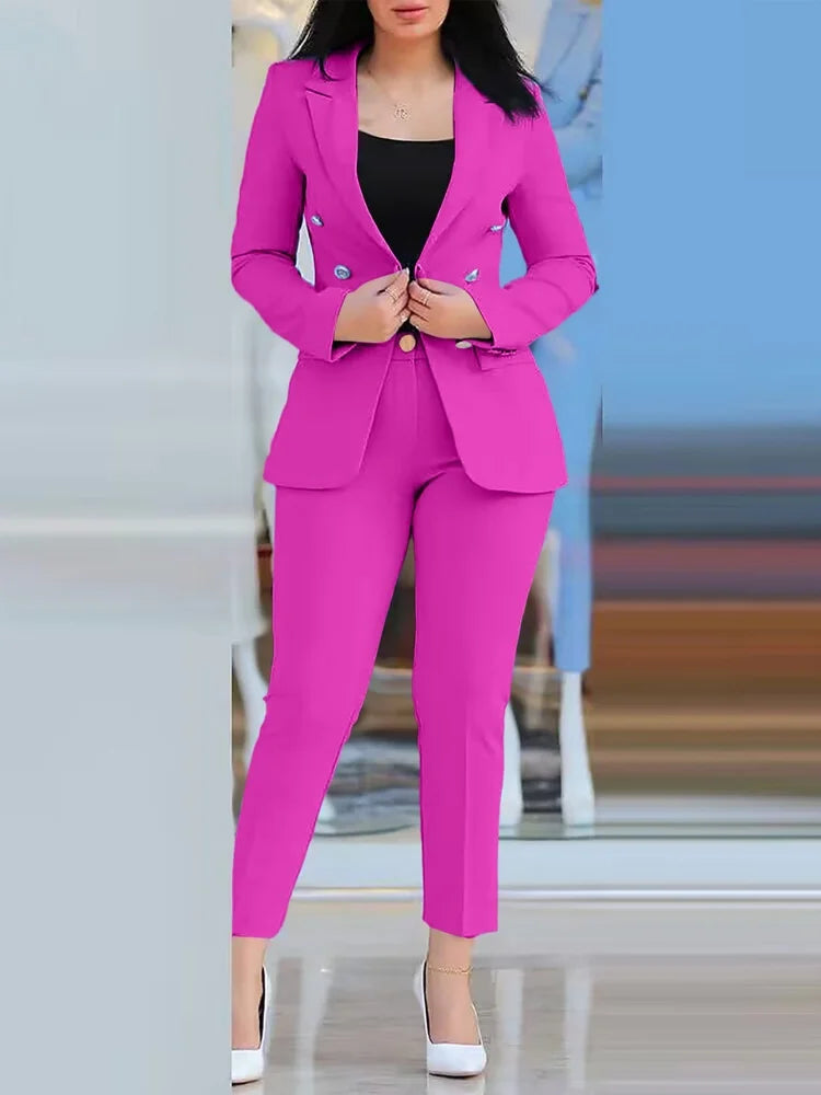 2Pcs Women's Solid Color Suit + Trousers Two-Piece Set Slim Fit Business Fashion Double Breasted Formal Female Clothes Outfit