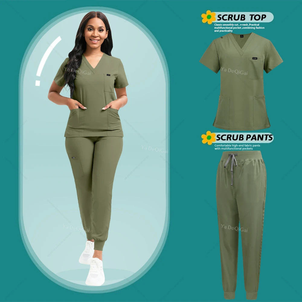 Stretch Scrubs Women Set Nursing Uniforms Clinical Scrubs Set Nurse Doctor Dustproof Workwear Medical Scrubs Top+ Jogger Pants