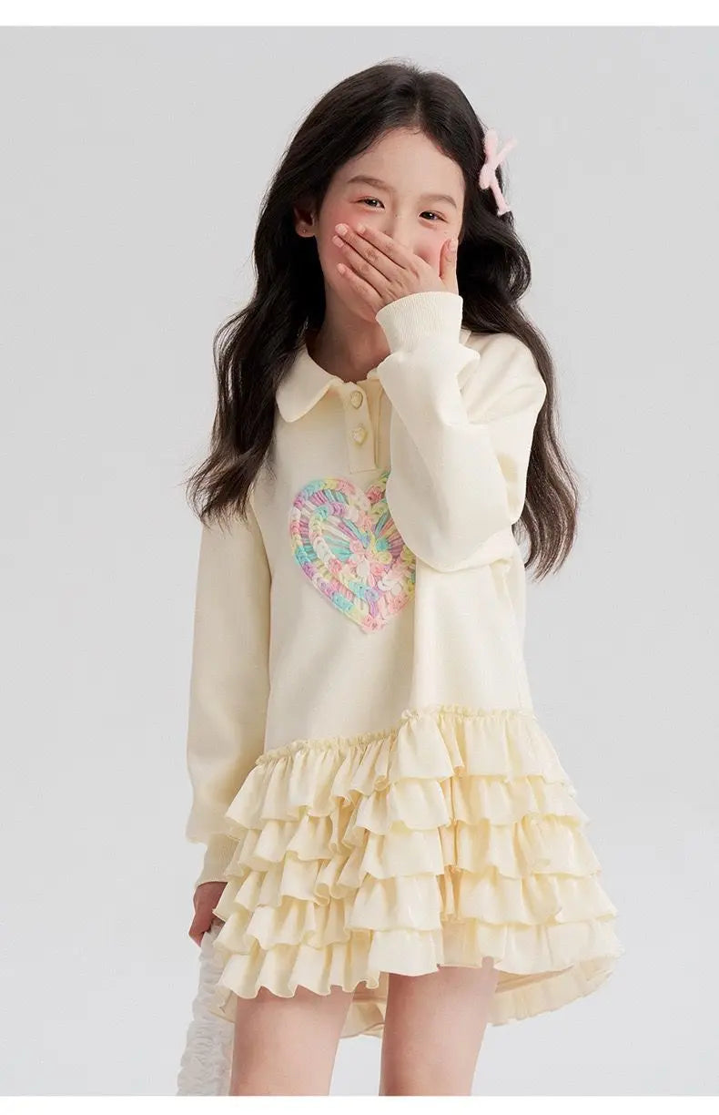 2025 New Autumn heart Teens Girls Cloth long sleeve T-Shirt Pleated splicing princess dress Children Tiered Skirt 5 12 14 year