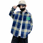 Children New Fashion Blue Plaid Shirt for Boy Casual Blouse Kids Cotton Top Spring Long Sleeve Baby Boy Clothes Outfit Age 5-14Y