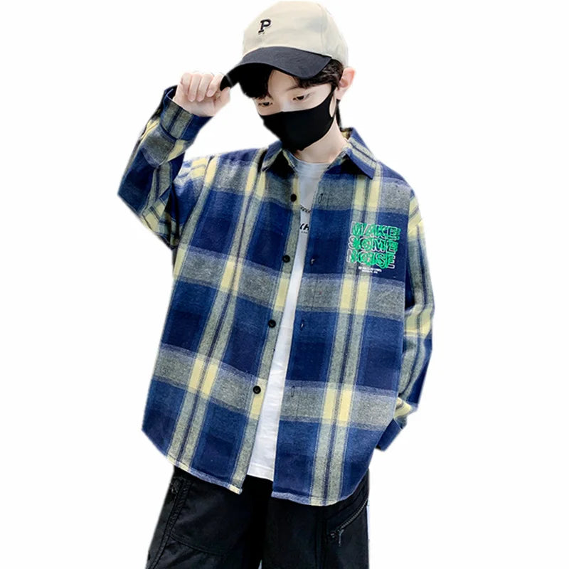 Children New Fashion Blue Plaid Shirt for Boy Casual Blouse Kids Cotton Top Spring Long Sleeve Baby Boy Clothes Outfit Age 5-14Y