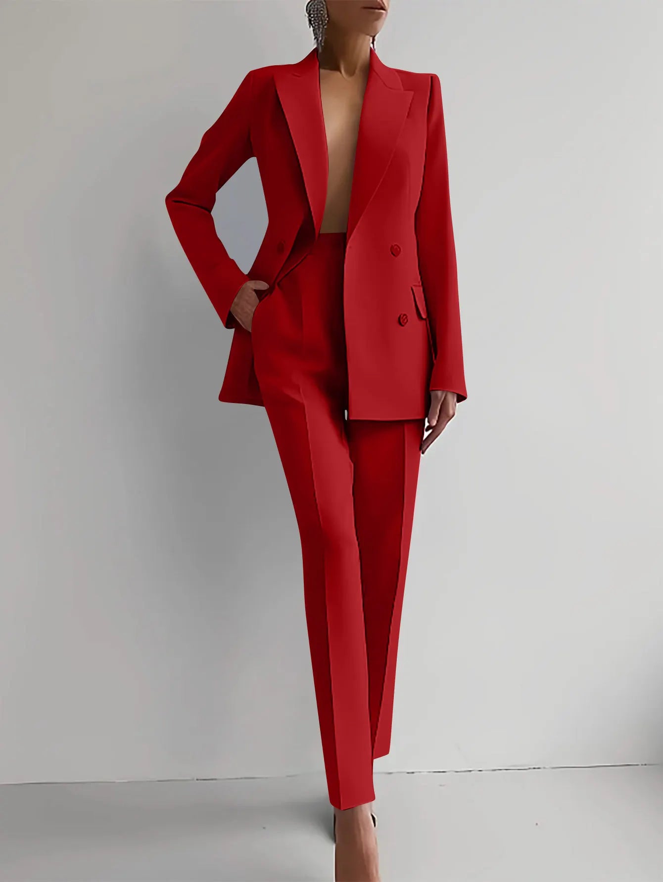 Women New 2pcs Clothes Set Solid Color Long Sleeve Blazer Jacket High Waist Long Pants Clothing Suit Summer Fashion Office