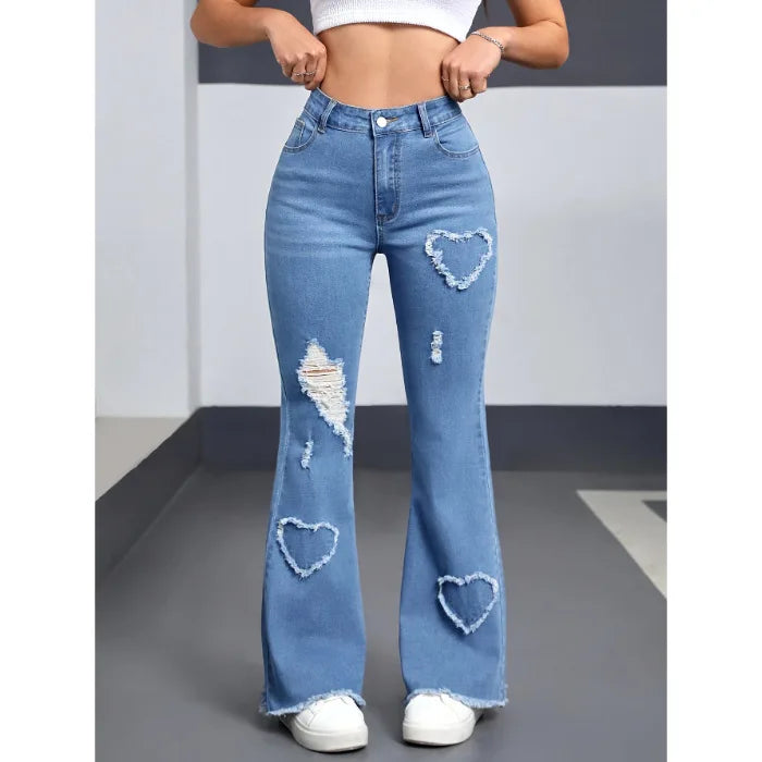 2026 Spring New Arrival Women's Pink Jeans, Blue Heart-Pattern Decorated Stretch Denim Trousers, Fashionable Flared Long Pants.