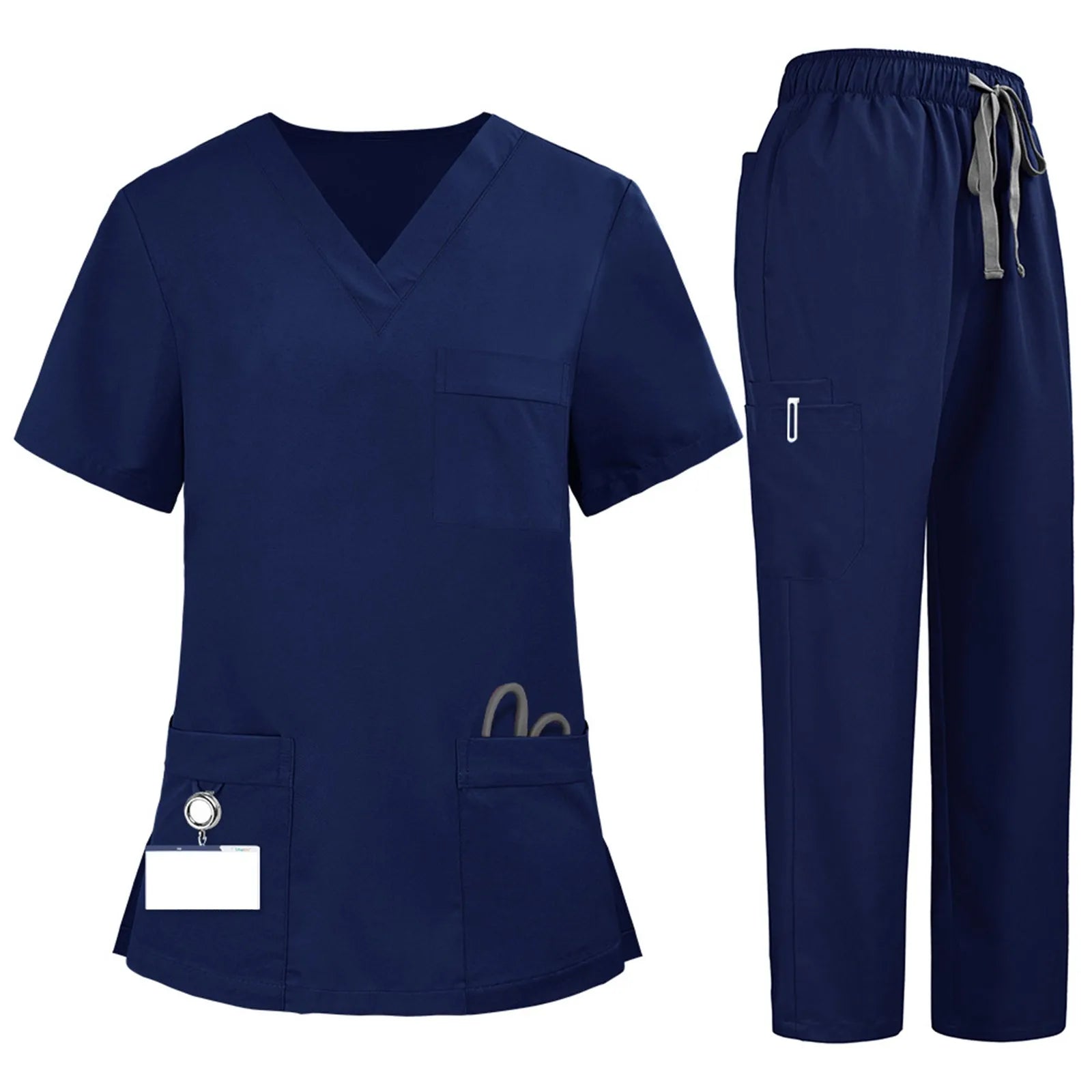 Plus Size Women'S Nurse Uniform Quick-Drying Fabric Solid Color V-Neck Pocket Short-Sleeved Trousers Suit Nursing Uniform Suit