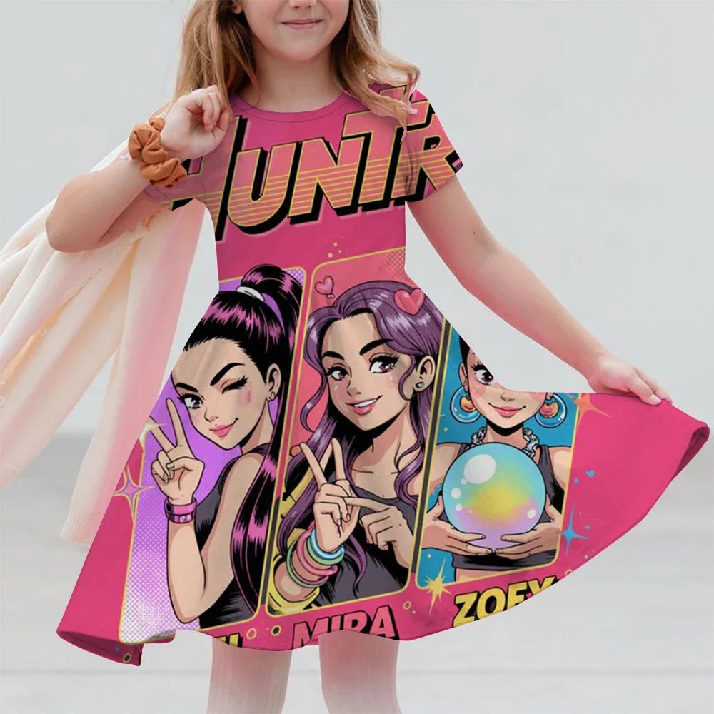 Girls Dresses Summer Casual Kids Dress For Girls KPop Demon Hunters Huntrix Toddlers Clothes Children Dress 3-14