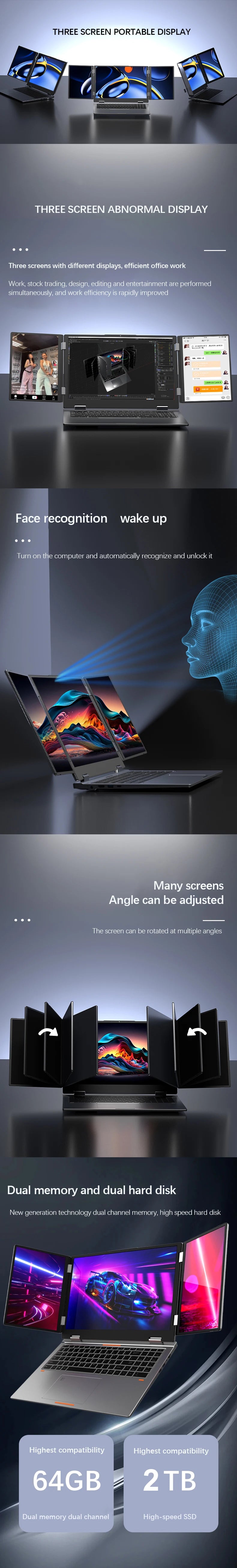 16+2*10.5 Inch Triple Screen Laptop Intel Core I5 12450H 32GB RAM 2TB Notebook Fingerprint/Face Recognition Unlocking Office PC