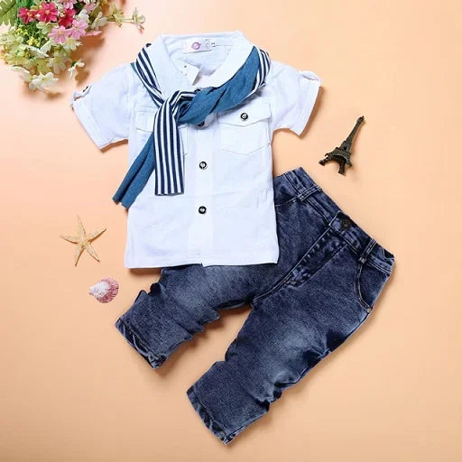 2-7 Years Kids Clothes Boys Outfit Summer Children's Clothing Boy Sets Cotton Short Sleeve O-Neck Tops+Jeans+Scarf Baby Costume