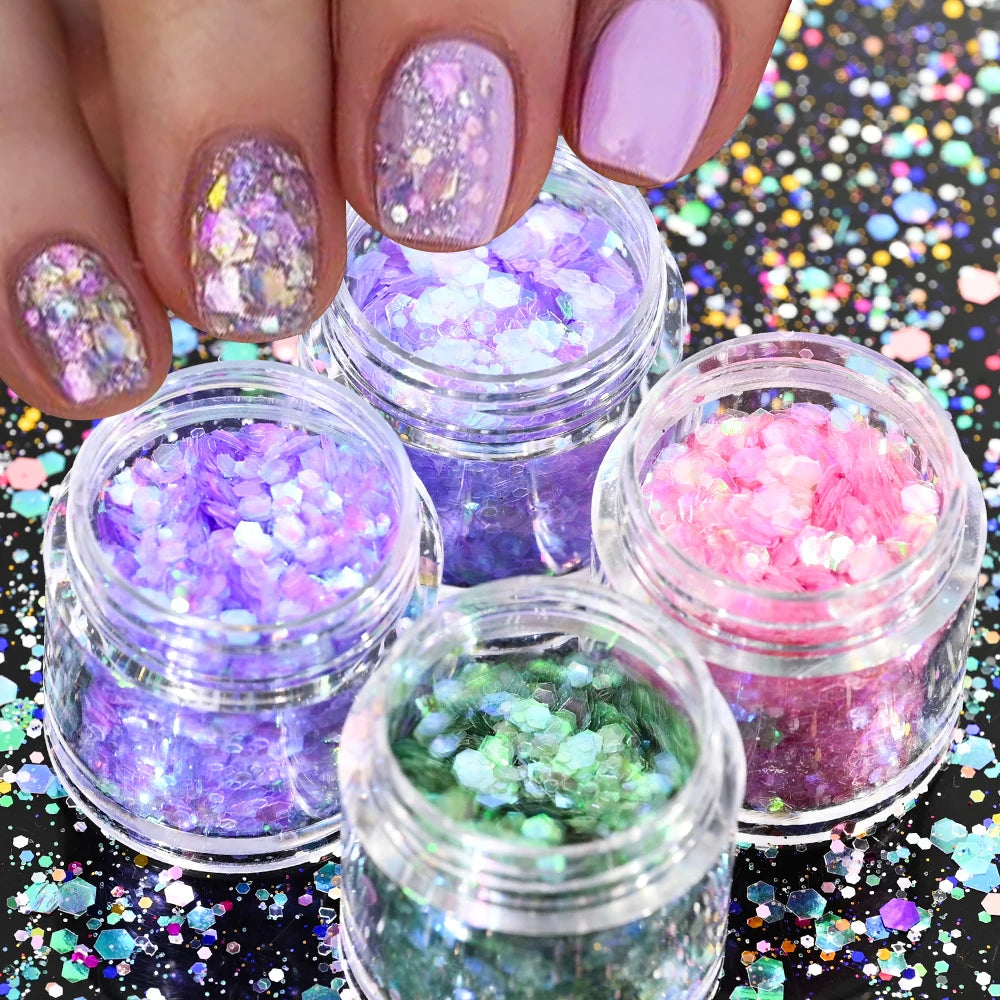 Holographic Glitter set 4 different shines Nail Sequins 10 grams each jar Holographic Cosmetic Festival Chunky Glitters Sequins