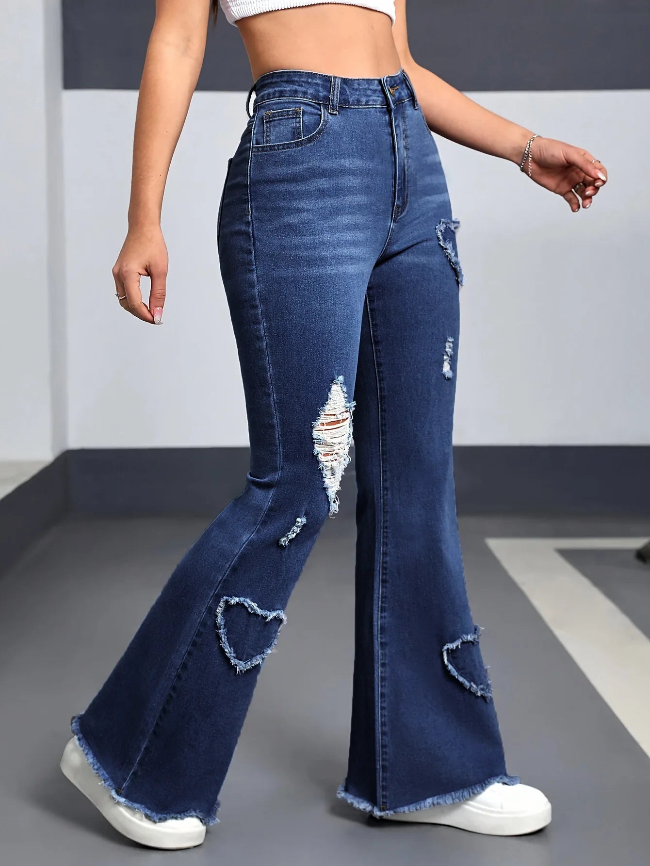 2026 Spring New Arrival Women's Pink Jeans, Blue Heart-Pattern Decorated Stretch Denim Trousers, Fashionable Flared Long Pants.