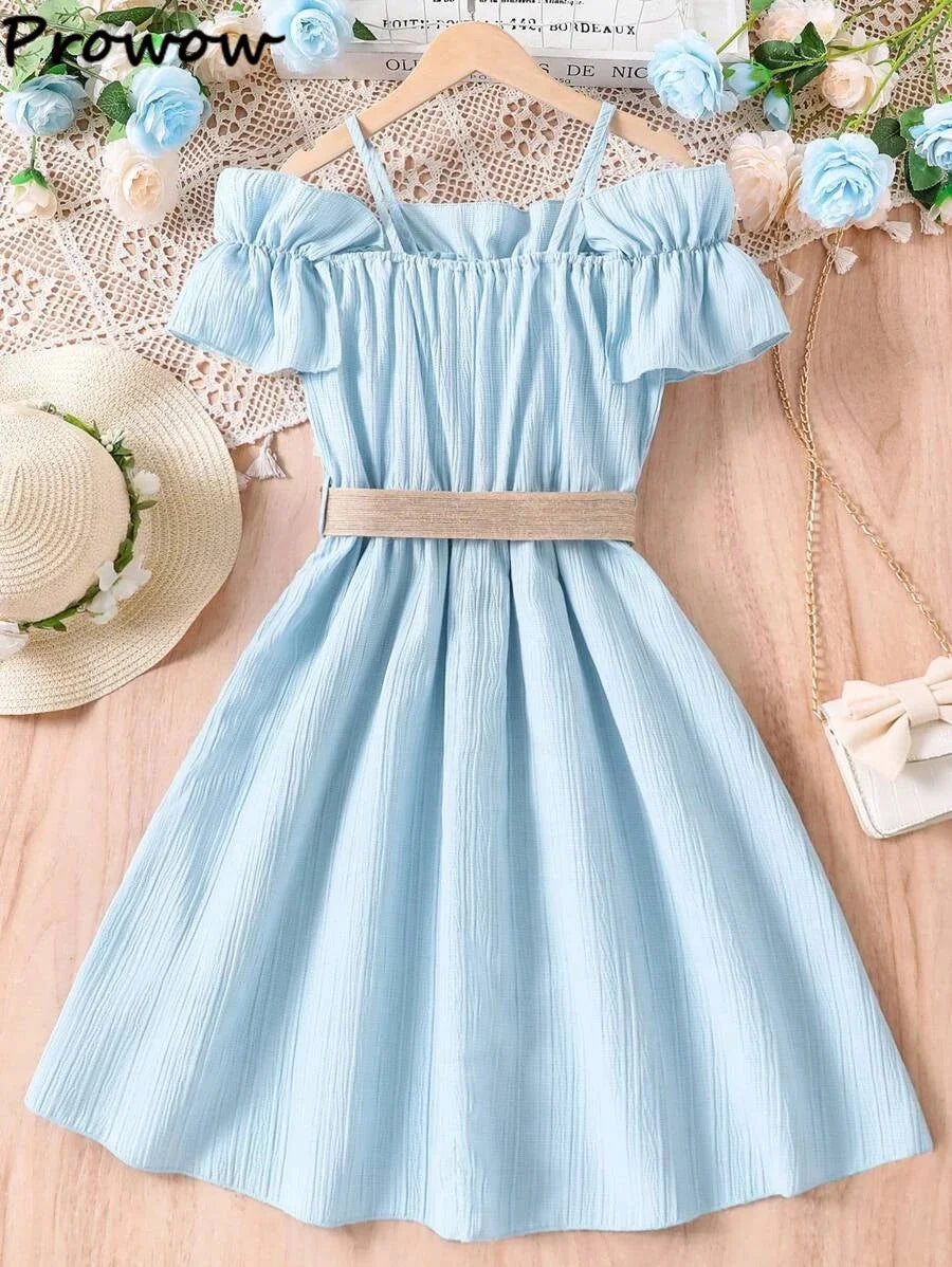 Prowow Girls Party Dresses With Belt 2pcs Trendy Ruffles Off Shoulder Dress For Girls Kids Clothes Teenagers Dresses Girls