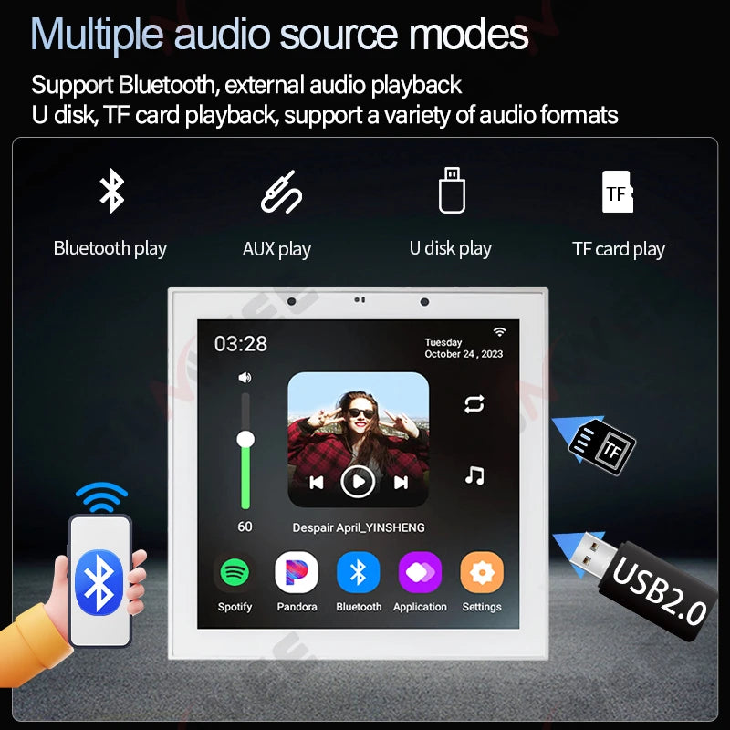 Smart Home Touch Screen 4inch WIFI Android11 bluetooths audio in Wall Amplifier Control Background Music Ceiling Speakers system