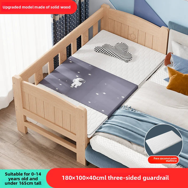 Solid Wood Children's Bed, Boy's Single Bed, with Guardrail, Girl's Princess Bed, Widened and Connected, Customizable