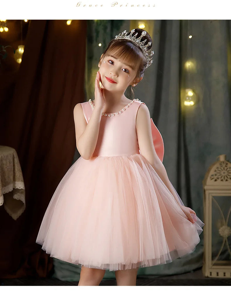 2-10 Years Girls Princess Dress Summer Tulle Big Bow Girls Wedding Dress Piano Performance Costume Host Costume New Kids Clothes