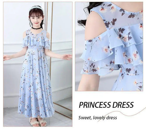2025 fashion new Summer Teenager Girl Princess Kids Dresses Sleeveless Floral Vestidos Clothes mesh costume 6 8 9 10 12 14 Year