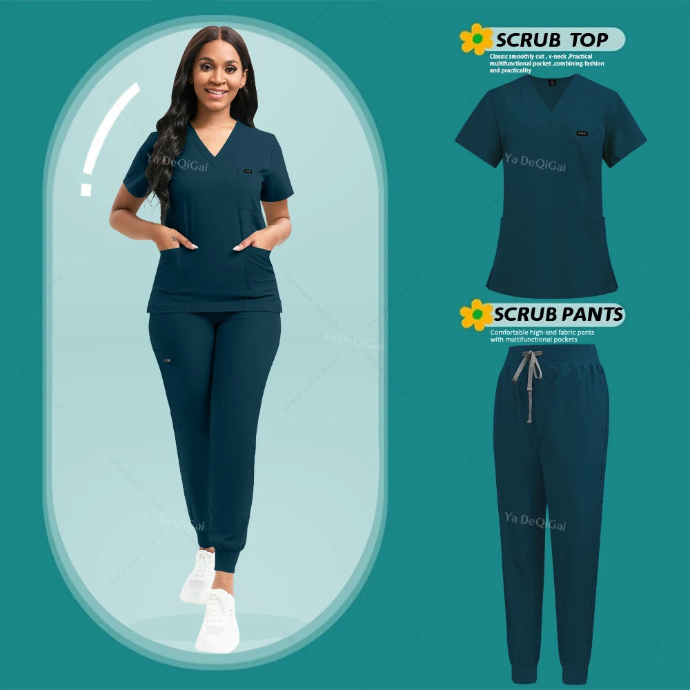 Stretch Scrubs Women Set Nursing Uniforms Clinical Scrubs Set Nurse Doctor Dustproof Workwear Medical Scrubs Top+ Jogger Pants