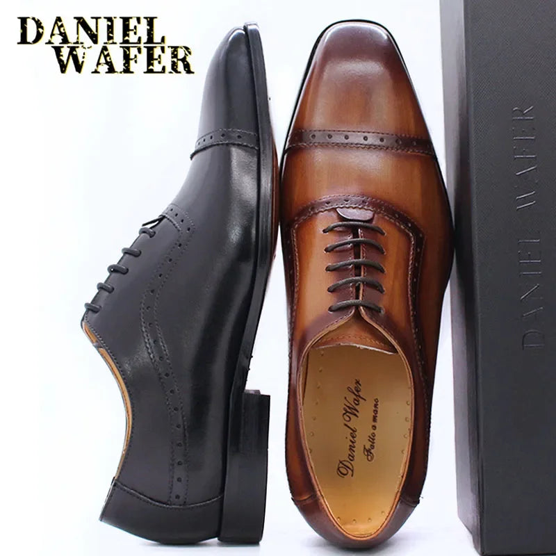 Elegant Men Oxford Shoes Brogue Genuine Leather Black Brown Classic Cap Toe Lace Up Formal Shoes Wedding Office Men Dress Shoes