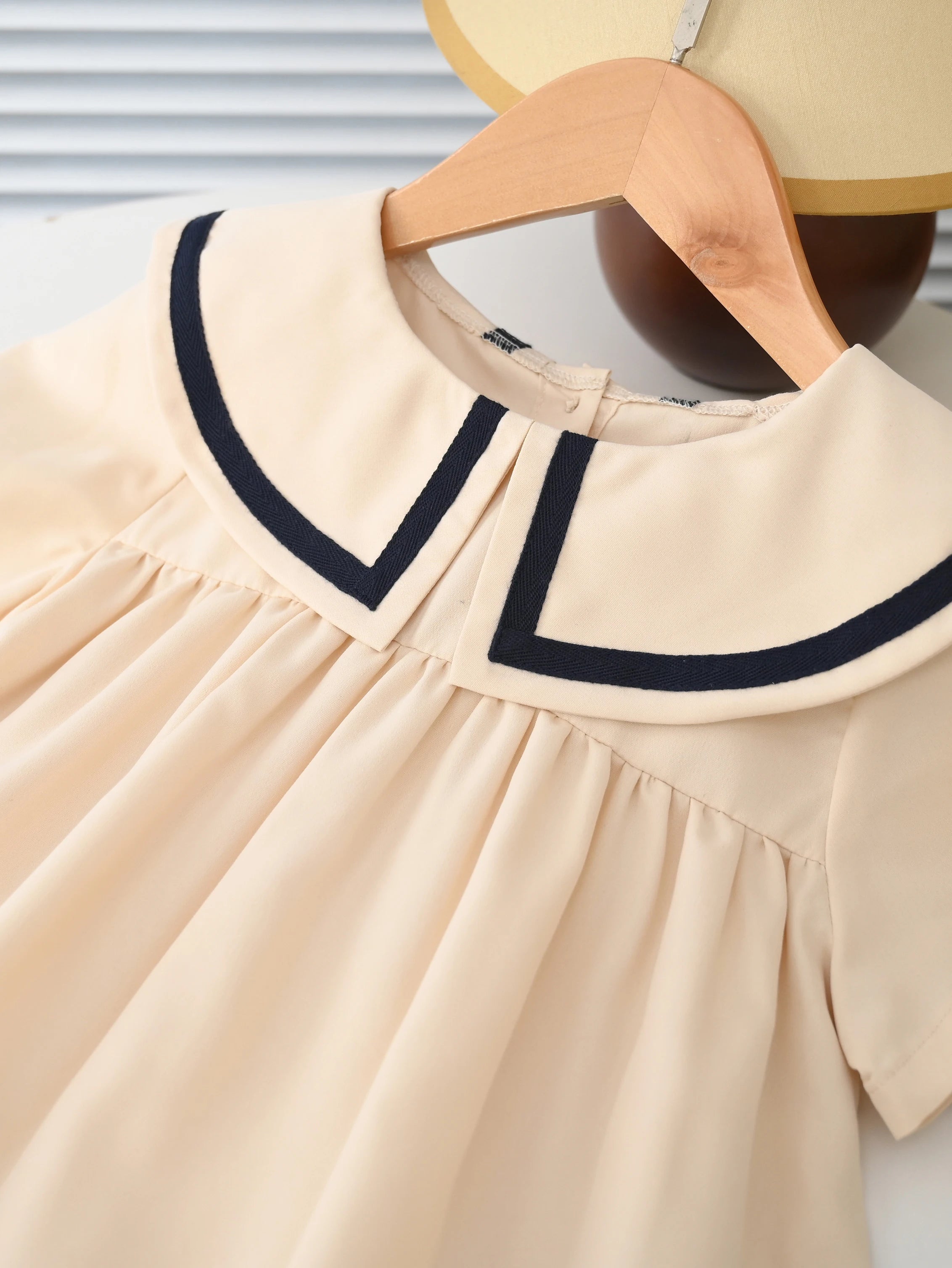 Summer Girl's Dress Solid Color Navy Collar Short-sleeved Fashion Casual Princess Dress Children Kids Clothing