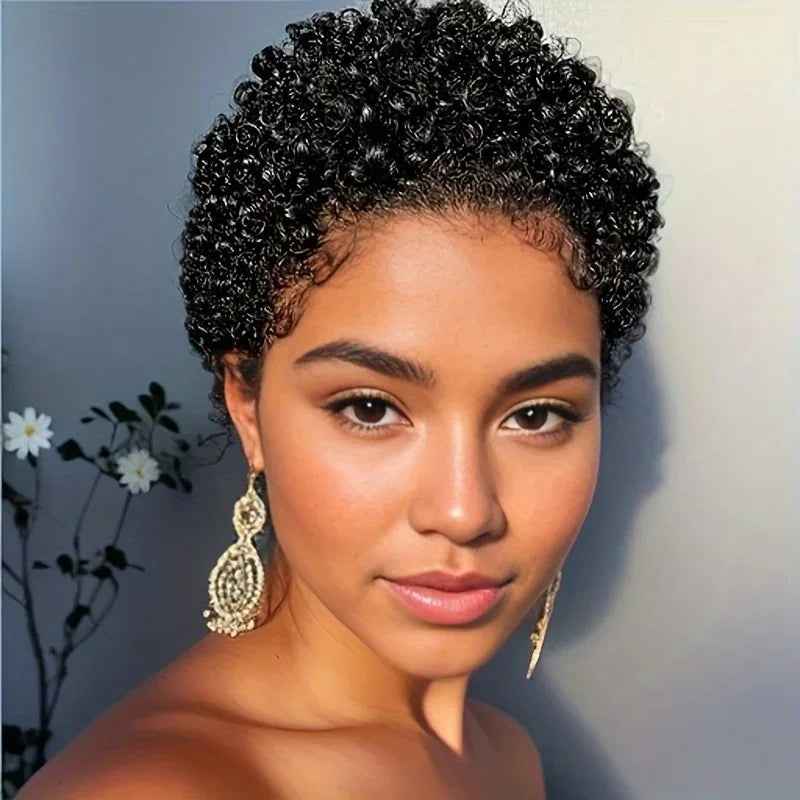 Machine Made Human Hair Wigs for Women Deep Curly Pixie Daily Party Use Remy Wig