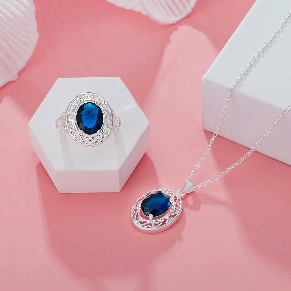 Hot sales 925 Sterling Silver creative Blue Crystal Oval Necklaces rings For Women Fashion streetwear Jewelry Set Wedding Gifts