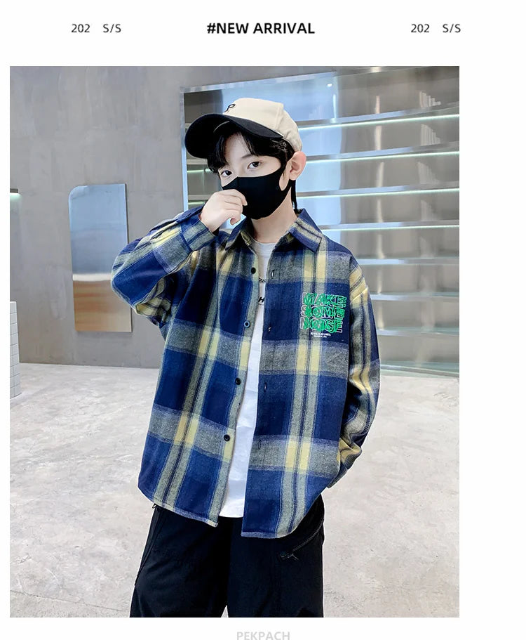 Children New Fashion Blue Plaid Shirt for Boy Casual Blouse Kids Cotton Top Spring Long Sleeve Baby Boy Clothes Outfit Age 5-14Y