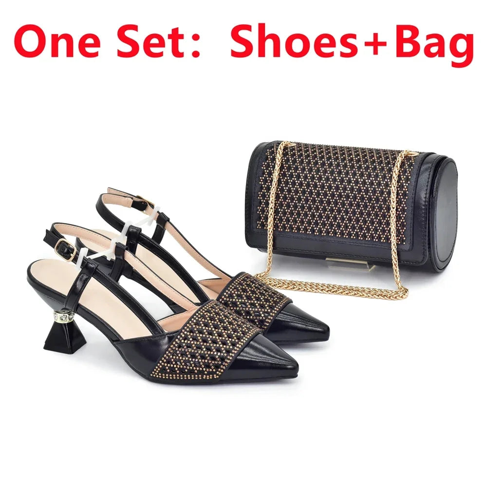 Shoe and Bags for Women Nigeria Party Women Nigerian Italian Shoes and Bags Set with Rhinestone Elegant Woman Heeled Pumps