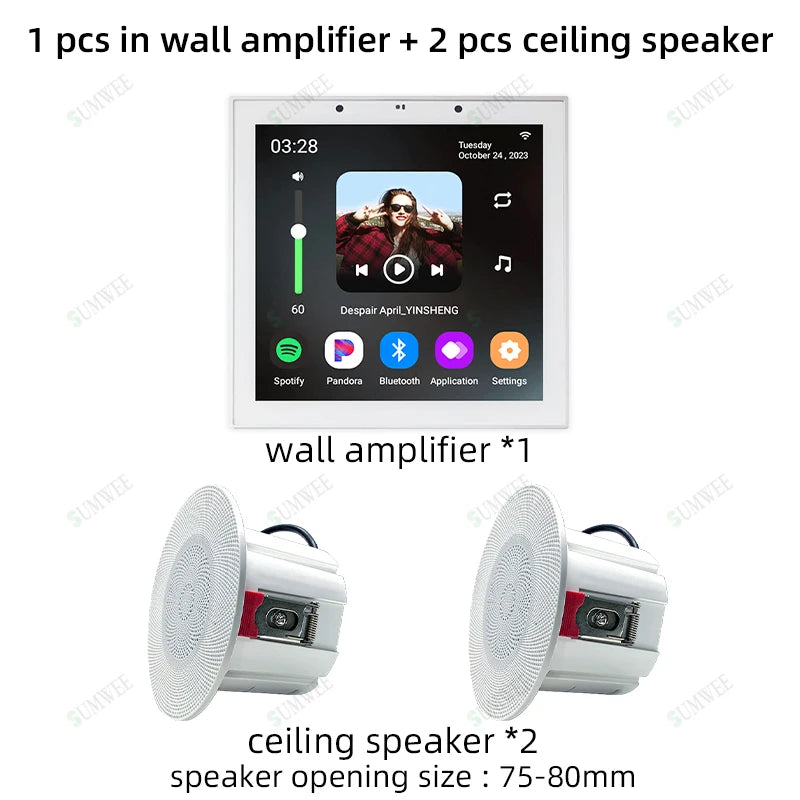 Smart Home Touch Screen 4inch WIFI Android11 bluetooths audio in Wall Amplifier Control Background Music Ceiling Speakers system