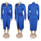 Women Dress 2 Piece Blazer Set Elegant Rhinestone 3D Flower Long Sleeve Coat Bodycon Midi Slip Dress Church Suit for Office Wear