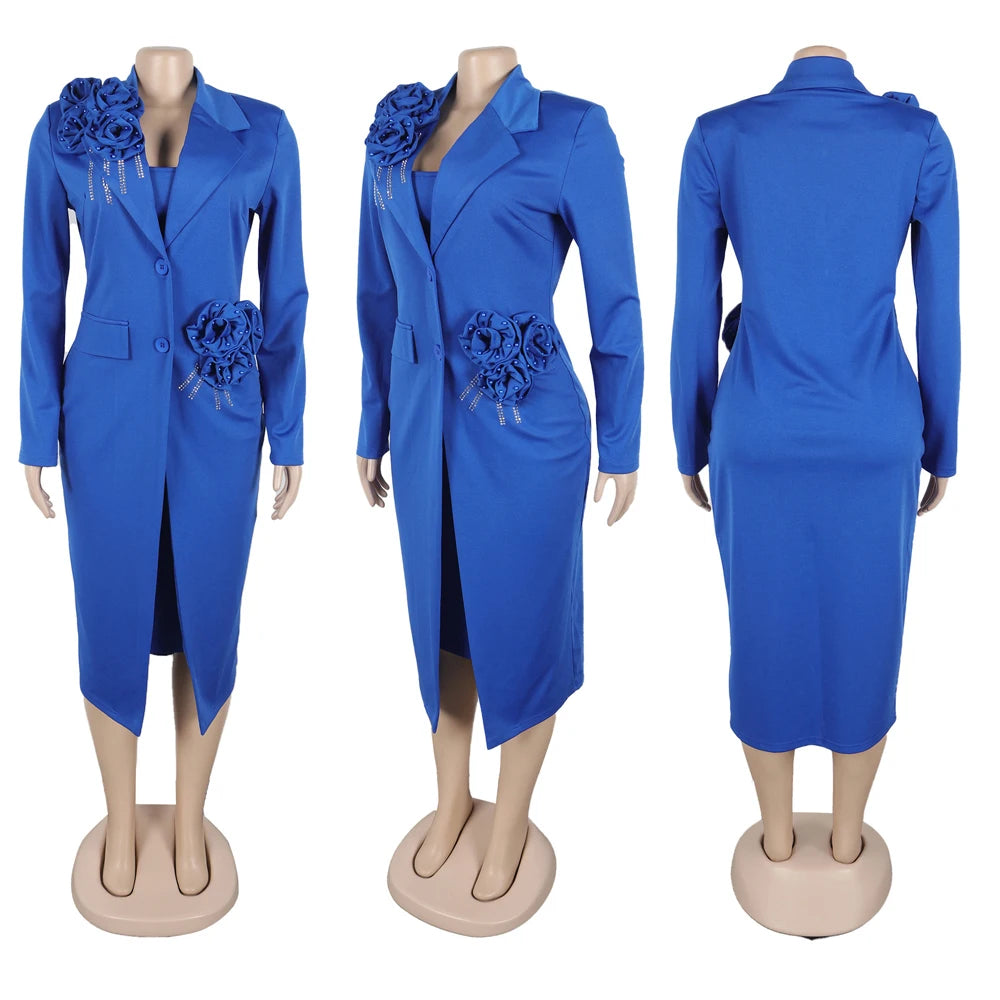 Women Dress 2 Piece Blazer Set Elegant Rhinestone 3D Flower Long Sleeve Coat Bodycon Midi Slip Dress Church Suit for Office Wear