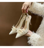 French Bride Gold Wedding Shoes for women Thin Heel Pointed Shallow Mouth Flower Rhinodrill High Heels Bao Head Fashion Sandals