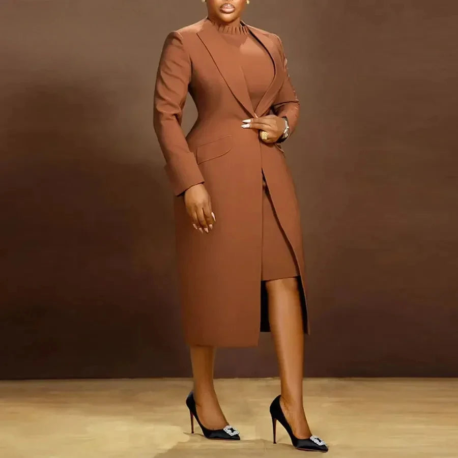 Women's Set Full Sleeve Long Blazer Coat+ Long Dress Suit  Winter Streetwear Two 2 Piece Set Africa OL Work Outfits