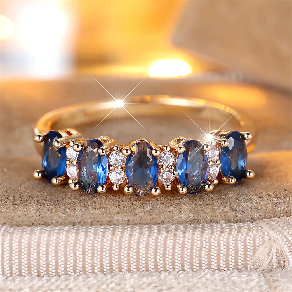 Single Row Blue Crystal Cute Oval Stone Rings For Women Vintage Gold Color Engagement Ring Wedding Jewelry Bridal Birthday Gifts