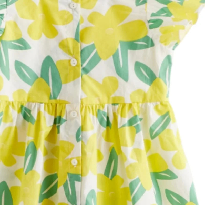 Vibrant Lemon Yellow Girl Short Sleeve Dress - Fresh Floral Pattern with Comfortable Cut