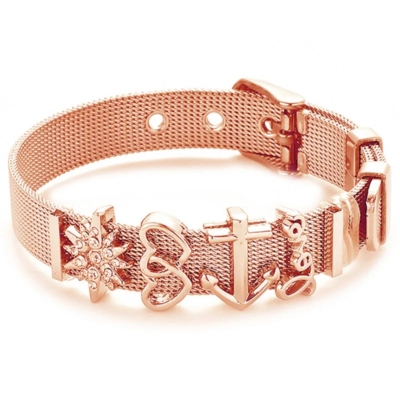 Fashion Stainless Steel For Woman Men Bracelet Mesh Bracelet Set Crystal Heart Anchor Charm Fine Bracelet Bangle Female Lover