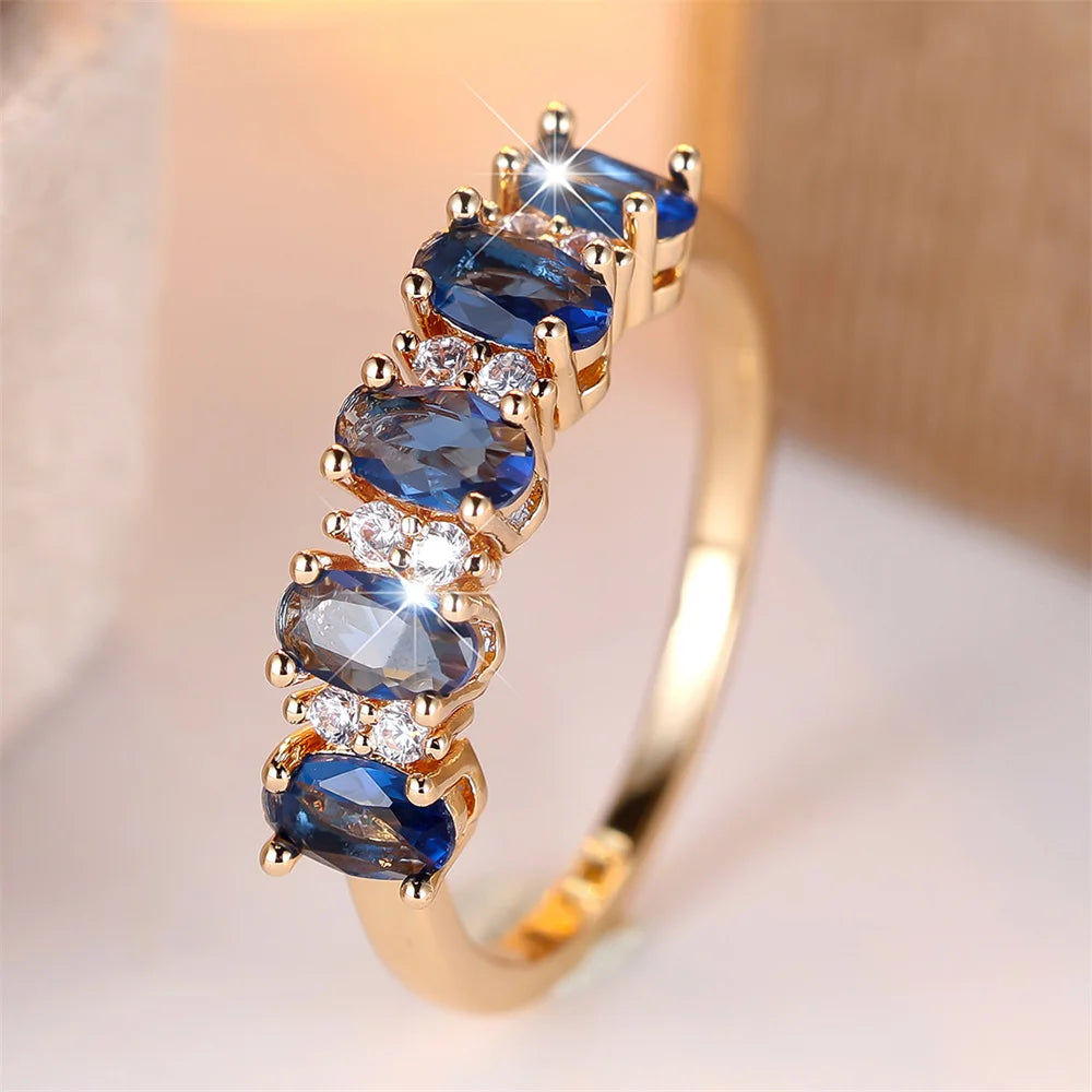 Single Row Blue Crystal Cute Oval Stone Rings For Women Vintage Gold Color Engagement Ring Wedding Jewelry Bridal Birthday Gifts