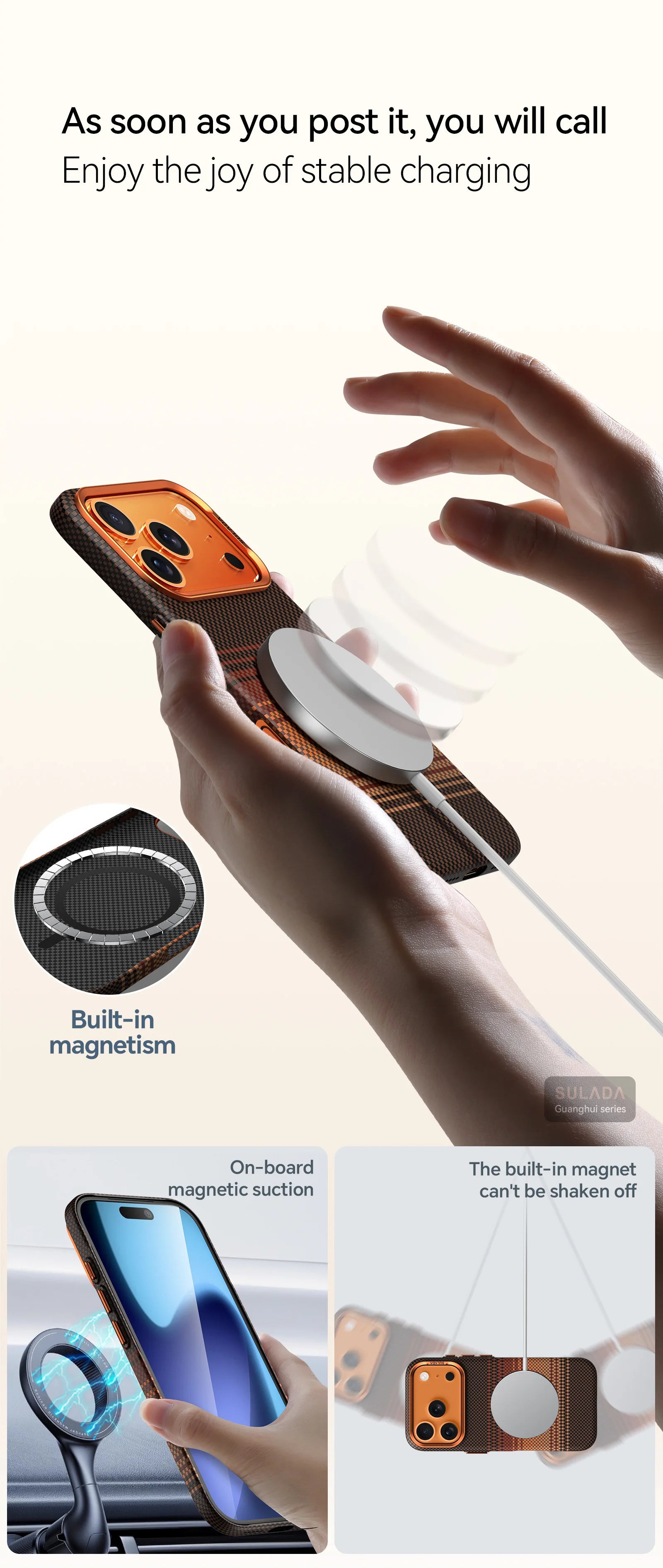 Ultra Strong Magnets Carbon Fiber Pattern Orange Case For IPhone 17 Pro Max Magnetic Wireless Charging Shockproof Protect Cover