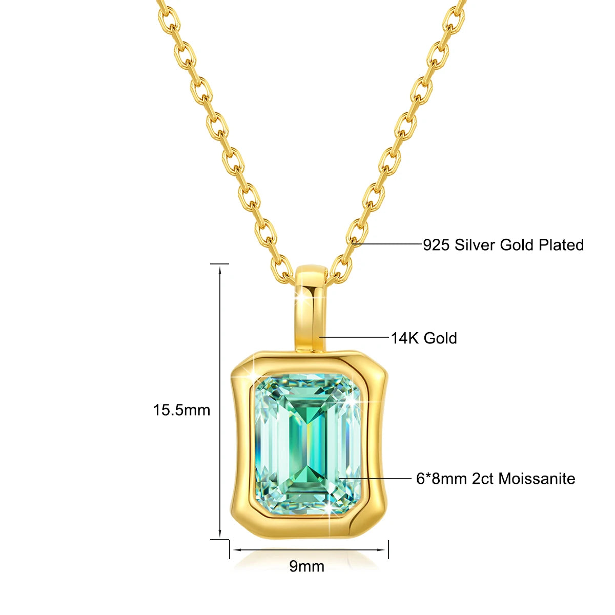 925 Silver 14K Gold Plated Rectangular D Color VVS1  Moissanite Pendant 2ct Shiny Classic Fashion Jewelry for Women Engagement