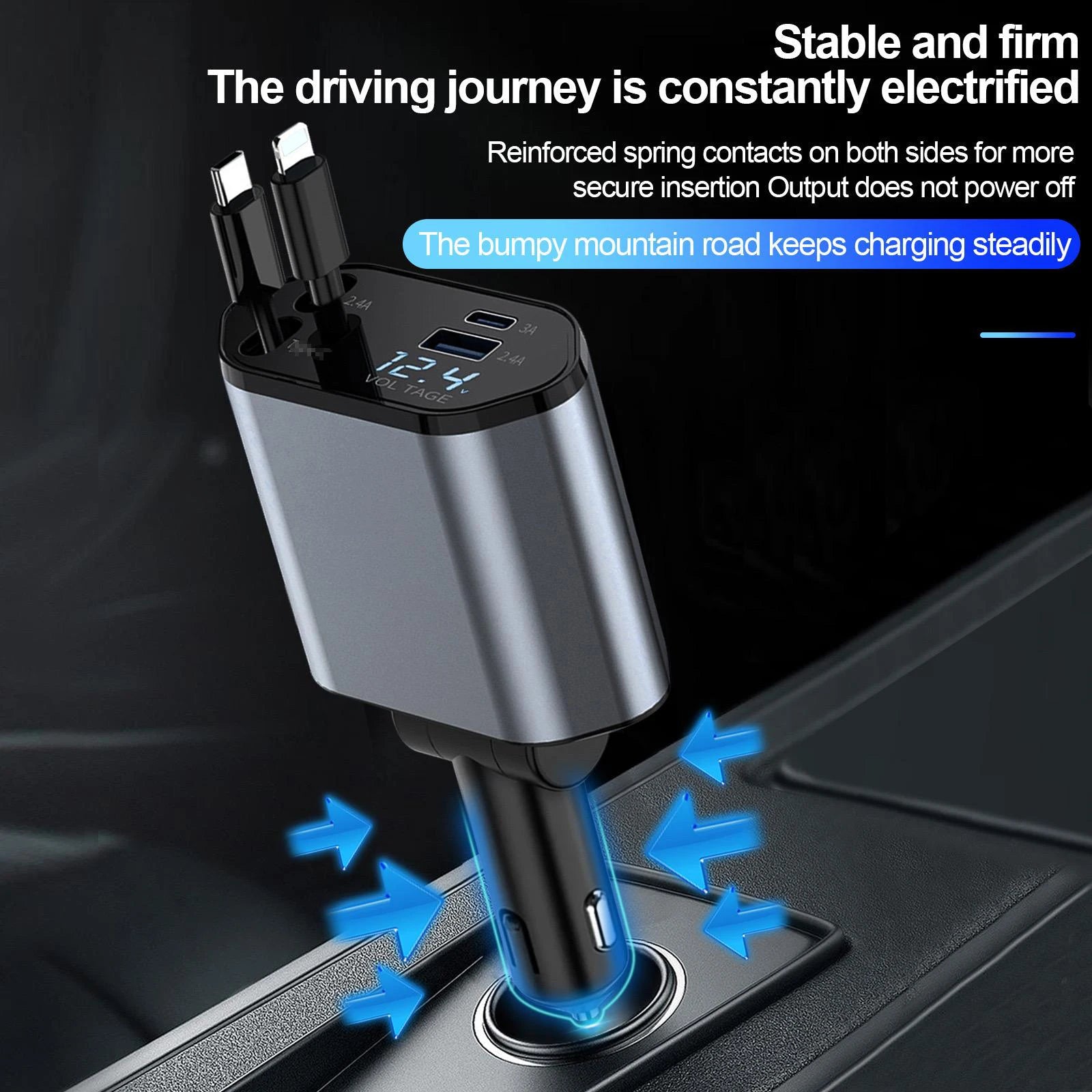 4-in-1 Retractable Car Phone Charger -Max 100W Quick Charge  and USB, Type-C Port for Phone 8-16 Series Android Smart Devices