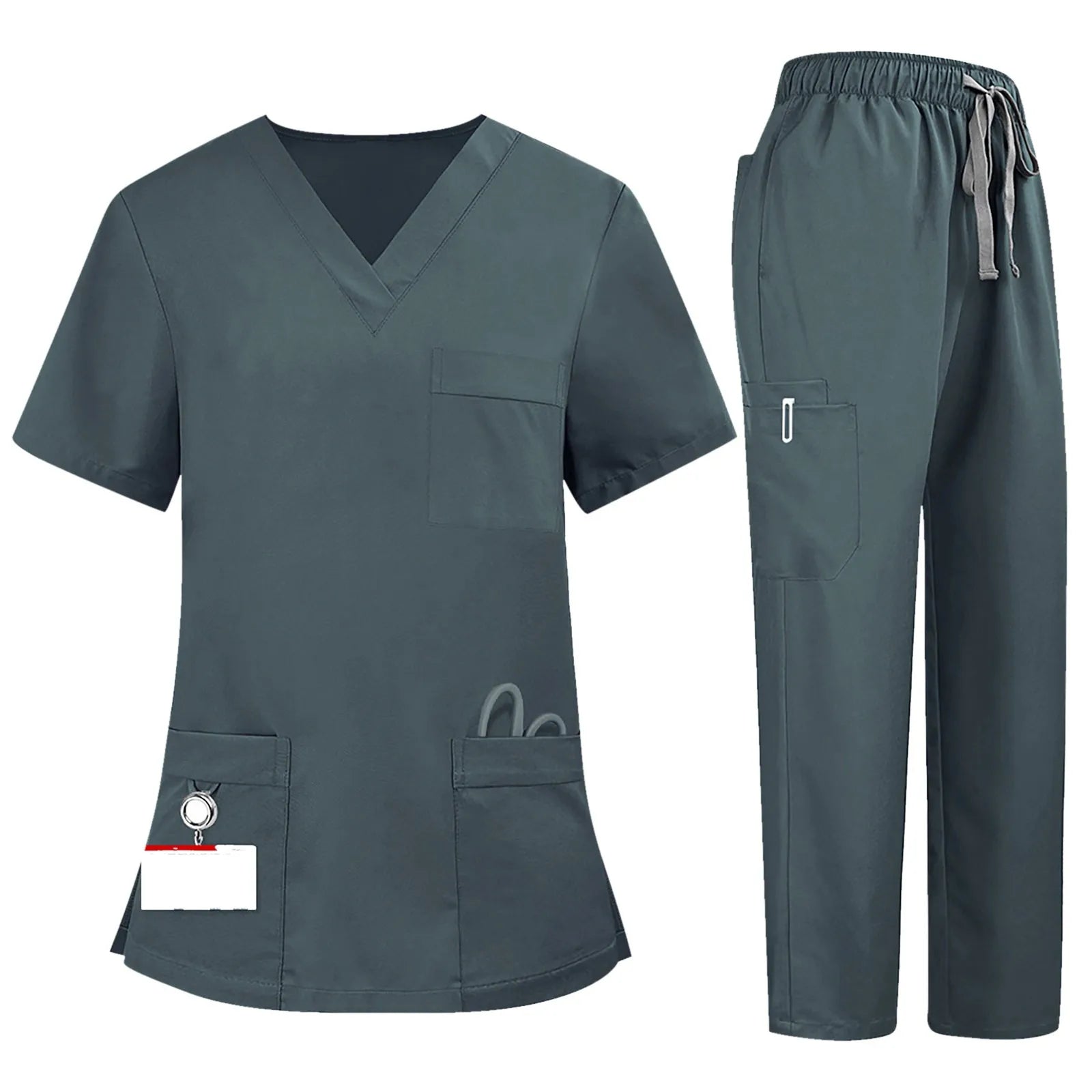 Plus Size Women'S Nurse Uniform Quick-Drying Fabric Solid Color V-Neck Pocket Short-Sleeved Trousers Suit Nursing Uniform Suit